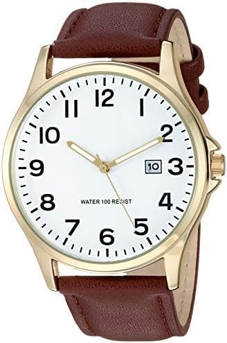 Amazon Essentials Men's Easy to Read Strap Watch, Gold-Tone and Brown Strap : Clothing, Shoes & Jewelry