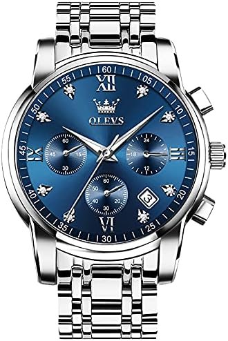OLEVS Men's Diamond Watches Blue Dial Roman numerals Chronograph Watches for Men Stainless Steel Band Fashion Luminous Hands Multi-Function Quartz Watch Water Resistant Silver Tone Men Watch with Date : OliviaUS Watch: Clothing, Shoes & Jewelry