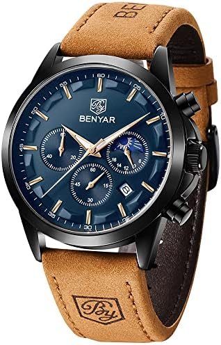 by BENYAR Watches for Men Chronograph Waterproof Luminous Date Men's Wrist Watches Business Work Casual Sport Fashion Leather Strap Dress Watch Designer Elegant Gifts for Men : Clothing, Shoes & Jewelry